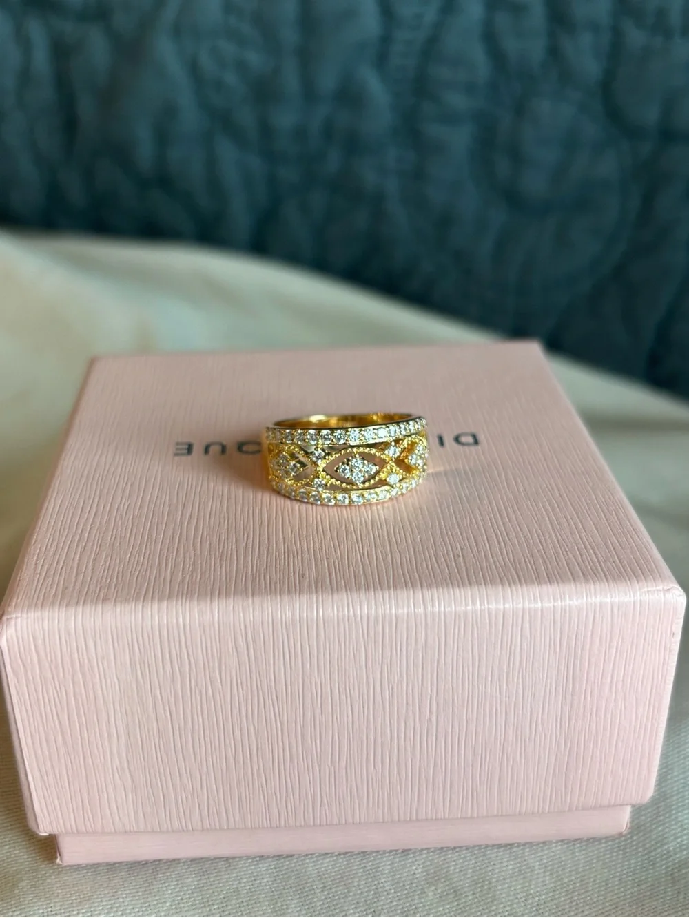 Diamonique Gold Tone CZ Openwork Statement Ring Size 7 NIB Designer New Jewelry